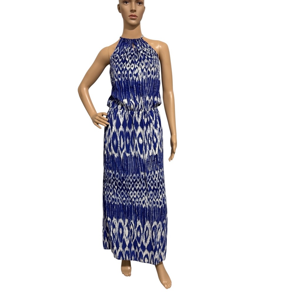Tommy Bahama Blue White Ikat Maxi Dress Small Halter‎ Sleeveless Resort Beach